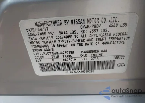 2018 Infiniti Q50 2.0T Pure z USA, uszkodzony, nr VIN JN1CV7ARXJM280298